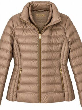Michael Kors Packable Down Puffer Jacket Taupe Gold Zip Hooded XL